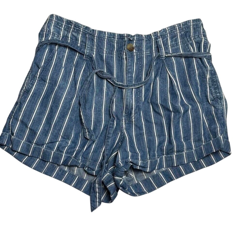 American Eagle Striped High Waisted Paperbag Shorts Blue White Cotton Size 12
